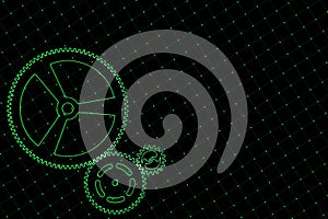 Set of green gears and cogs on virtual screen