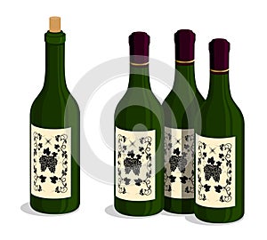 Set of green glass bottles with expensive red wine. Storage and aging of alcoholic products in warehouse, in wine cellar. Cartoon