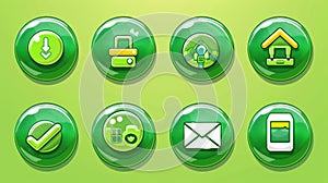 Set of green glossy game user interface elements, with symbols of home, search, play, mail, arrows, sound, check, and