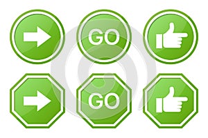 Set of green GO sign with arrow, word and hand