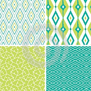 Set of green ikat diamond seamless patterns