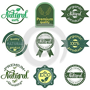 Set of green labels and badges with leaves for organic, natural, bio and eco friendly products isolated on white