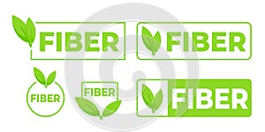 Set of green labels highlighting high fiber content with a fresh leaf design, ideal for health-conscious food branding.