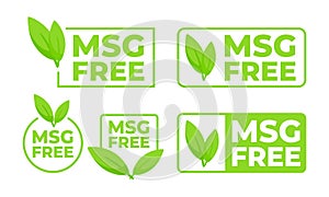 Set of green labels with MSG Free text and a leaf symbol, for products promoting health without the use of monosodium