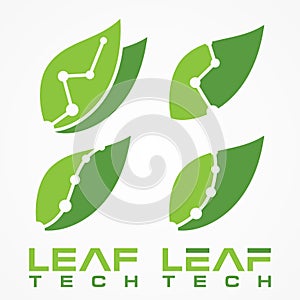 Set green leaf technology vector icon with letter leaf tech