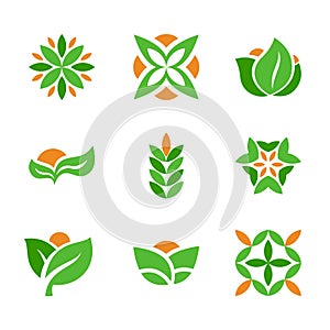 Set of green logos template. Creative natural and eco symbols with leaf shape.