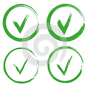 Set of green mark in circle. Checklist concept. Approved sign. Voice background. Vector illustration. Stock image.