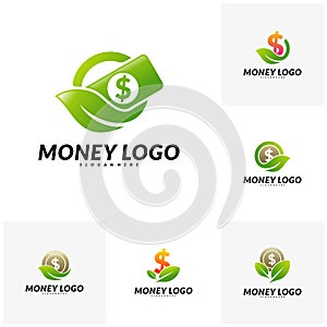 Set of Green money logo Design Concept Vector. Coin With Leaf logo Template