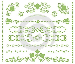 Set of green openwork dividers for text, borders and corners from curls, outlines of flowers, leaves and points vector objects iso