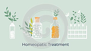 Set of green organic natural homeopathic pills in glass jars. Homeopathy treatment banner, herbal alternative medicine, essential