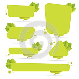 Set of green paper origami banners with leaves. Template for bio products, sales, web sites and labels. Place for text illu