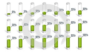 Set of green percentage charts for infographics, 0 5 10 15 20 25 30 35 40 45 50 55 60 65 70 75 80 85 90 95 100 percent