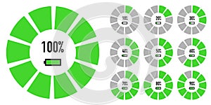 Set of a green pie chart showing the percentage of energy consumption. From 10 to 100 percent. Infographic elements. Vector.