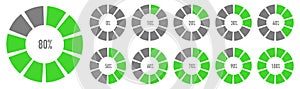 Set of green pie charts from 0 to 100. Vector illustration for web design.