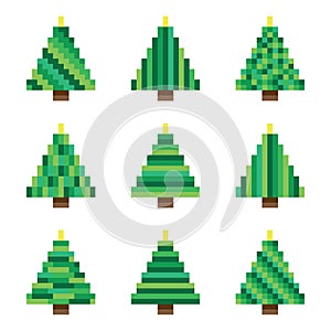 Set green pixel Christmas trees in vector