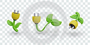 Set of green plants with yellow plug flower. Symbols of eco power, bio energy