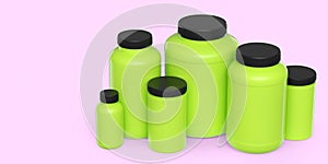 Set of green plastic jar for sport nutrition protein powder isolated on pink