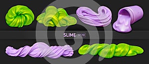 Set of green and purple realistic slimes on a black background