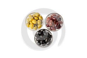 Set of green, red and black olives isolated on white background.