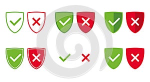 set of green and red shield with OK check mark and X cross icon symbol, vector illustration