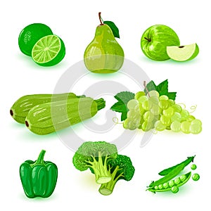 Set with green ripe fruits: apple, bunch of grapes, pear, lime, bell pepper, broccoli, peas.