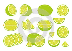 Set of green ripe lime - whole, cut half, piece and slice chopped of lemon. Fresh sour citrus fruit with vitamins