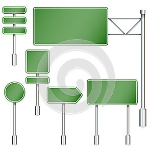 Set of green road signs. Road board. Direction sign on the highway.