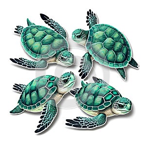 Set of green sea turtles isolated on white background. Vector illustration.