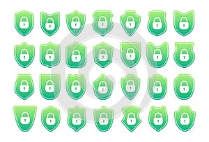 Set of green security shields with padlock icons, representing digital protection and encryption