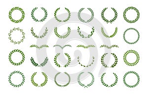 Set of green silhouette laurel foliate, olive and oak wreaths. Vector illustration for your frame, border, ornament design, photo