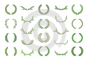 Set of green silhouette laurel foliate, olive  and wheat wreaths. Vector illustration for your frame, border, ornament design, photo