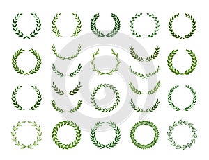 Set of green silhouette laurel foliate, olive  and wheat wreaths. Vector illustration for your frame, border, ornament design, photo