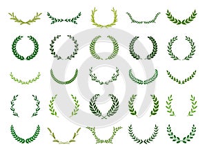 Set of green silhouette laurel foliate, wheat, oak and olive wreaths depicting an award, achievement, heraldry, nobility. Vector photo