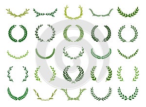 Set of green silhouette laurel foliate, wheat, oak and olive wreaths depicting an award, achievement, heraldry, nobility. Vector
