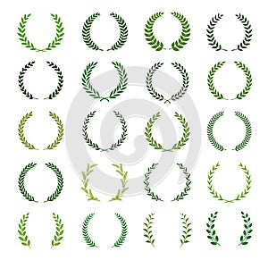 Set of green silhouette laurel foliate, wheat and olive wreaths depicting an award, achievement, heraldry, nobility. Vector photo