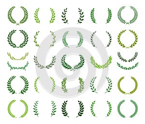 Set of green silhouette laurel foliate, wheat and olive wreaths depicting an award, achievement, heraldry, nobility. Vector