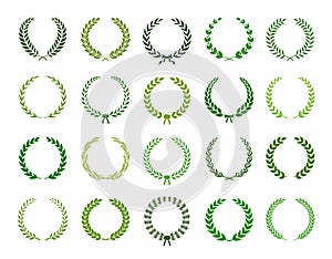 Set of green silhouette laurel foliate, wheat and olive wreaths depicting an award, achievement, heraldry, nobility. Vector photo