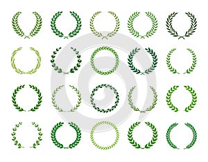 Set of green silhouette laurel foliate, wheat and olive wreaths depicting an award, achievement, heraldry, nobility. Vector