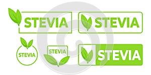 Set of green Stevia labels with leaf icon, perfect for marking natural sweetener products and sugar free options.