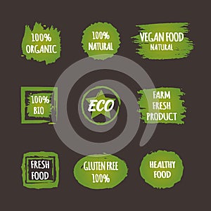 Set of green stickers with the text Vegan Food Natural
