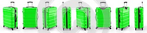 A set of green suitcases on a white background. 3D rendering illustration.