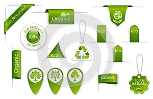 Set of green tags and labels. Eco and bio badges with leaves and trees. Farm, organic and natural symbols.