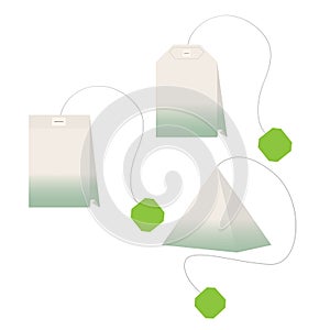 Set of green tea bags of different shapes on a white isolated background. Vector illustration. Flat design. Icon, sign