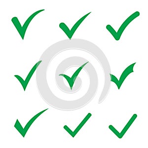 Set of green tick icons. Vector confirm icons set on white background