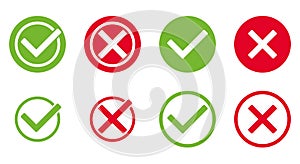 set of green tick and red x in circle, OK check mark and X cross icon symbol, vector illustration