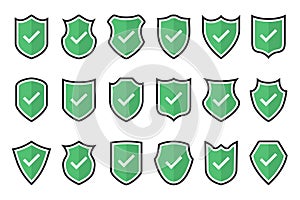 Set of green tick shield icons in a flat design