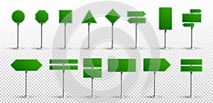 Set Of Green Traffic Signs. Road Board Text Panel, Mockup Signage Direction Highway City Signpost Location Street Arrow Way.