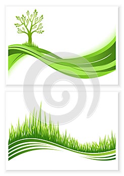 Set of green tree and grass growth vector eco concept. Nature background. Collection abstract illustrations with copyspace.