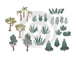 Set of green trees, palms, bushes. Vector cartoon illustration