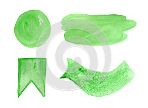 Set of green watercolor brush strokes, textures,shapes,abstract backgrounds,frame for text.Collection of decorative